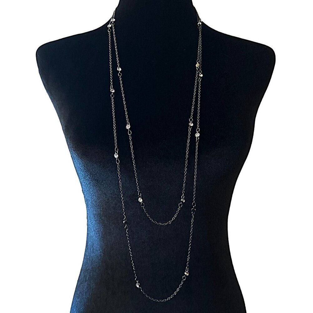 Express Double Strand Long Necklace Dark Gray Chain Crystal Accent